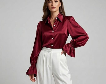 Elegante camicia da donna in raso con bottoni / Blusa a maniche lunghe per tutti i giorni