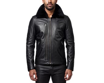 Handmade Cow Leather Biker Jacket | Faux Fur Collar Moto Coat