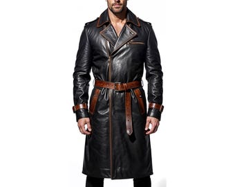 Men’s Black & Brown Genuine Cowhide Leather Trench Coat | Handmade Two-Tone Biker Long Coat
