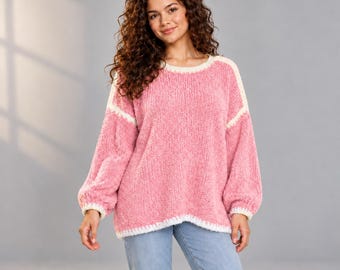 Jersey de mujer extragrande, jersey de punto grueso con ribete en contraste, top de manga larga con cuello redondo y hombros caídos.