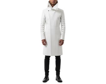 Men’s White Genuine Leather Trench Coat | High Collar, Steampunk Cyberpunk Jacket