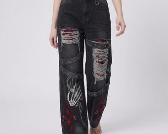 Jeans da donna stile gotico con patchwork effetto consumato / Pantaloni in denim a gamba larga stile streetwear