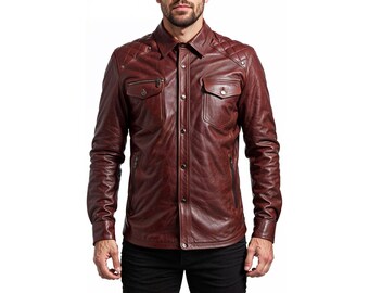 Men’s Genuine Cowhide Leather Shirt | Button-Up Biker Style | Handmade Leather Overshirt