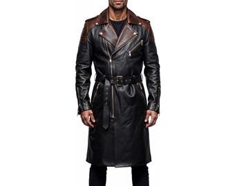 Men’s Two-Tone Black & Brown Genuine Leather Trench Coat | Handmade Cowhide Overcoat