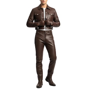 Brown Genuine Leather Jacket and Pants Set for Men | Cropped Biker Jacket with Matching Leather Pants | Designer Two-Piece Jacket & Pants