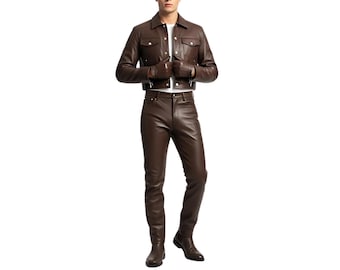 Conjunto de chaqueta y pantalón de cuero marrón para hombre / Estilo motero corto