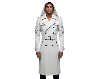 Handmade White Leather Trench Coat | Gothic Steampunk Overcoat with Hood