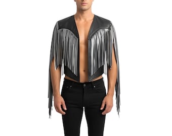 Handmade Black Leather Fringe Vest | Metallic Glam Rock Bolero