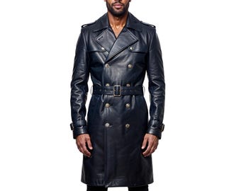 Men's Studded Genuine Leather Trench Coat | Blue Punk Rock Military Style