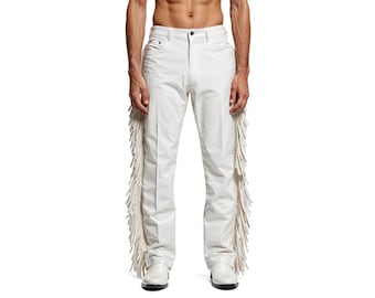 Pantalones de piel de vaca blanca con flecos / Pantalones vaqueros occidentales hechos a mano