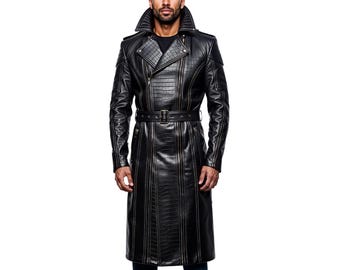 Men's Crocodile Embossed Leather Trench Coat | Gothic Sci-Fi Costume