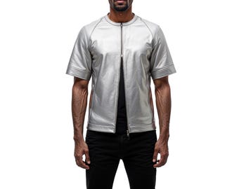 Men's Silver Metallic Cowhide Leather T-Shirt | Zip-Front Streetwear Top