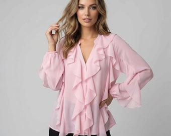 Camicetta da donna moderna in chiffon con volant / Top ampio a maniche lunghe trasparenti