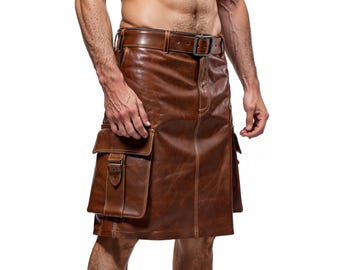 Handmade Brown Cowhide Leather Utility Kilt | Dual Cargo Pockets