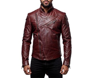 Handmade Maroon Cowhide Leather Biker Jacket | Asymmetrical Moto Coat