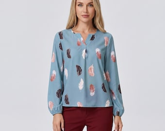 Elegante camicetta con stampa a piume / Camicia casual da donna a maniche lunghe, leggera