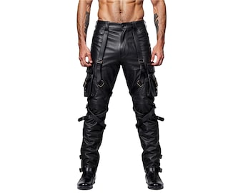 Genuine Leather Cargo Pants | Handmade Buckle Strap Biker Trousers