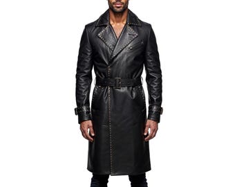 Men's Black Leather Studded Trench Coat | Gothic Duster Jacket