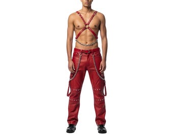 Red Leather Pants Harness Set | Silver Chain, Festival Outfit