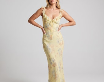 Abito lungo da donna in stile boho floreale / Abito estivo con spalline a volant