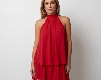 Elegante mini abito da donna con scollo all'americana / Abito da festa per vacanze da donna