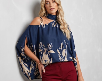 Camicetta monospalla in stile boho con stampa tropicale / Camicia casual estiva da donna