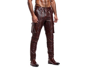 Men's Burgundy Leather Cargo Pants | Steampunk Biker Trousers
