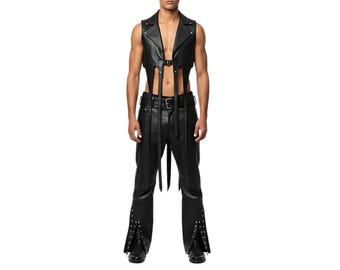 Handmade Black Leather Rockstar Outfit | Cropped Biker Vest & Flared Pants