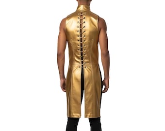 Chaleco de cuero dorado para hombre / Chaleco metálico sin mangas con cordones para cosplay