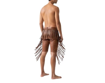 Pantalones cortos de cuero genuino marrón con flecos para hombre / Traje de rodeo del oeste