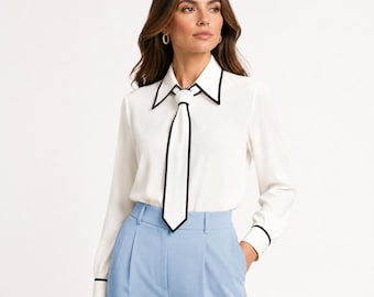 Elegante camicetta con fiocco al collo / Camicia da ufficio chic da donna a maniche lunghe