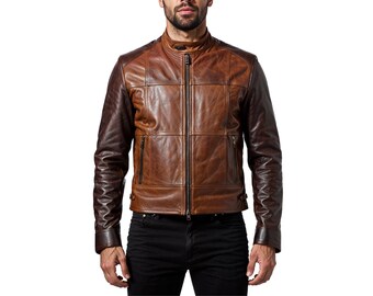 Two-Tone Brown Cowhide Leather Biker Jacket | Slim Fit Moto