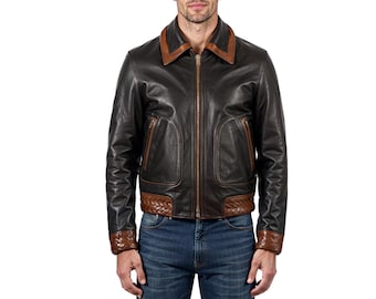 Men's Two-Tone Brown Leather A-2 Flight Jacket | Custom Aviator Bomber