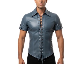 Men's Genuine Leather Lace-Up Shirt | Gothic Biker Top