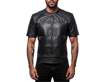 Mens Black Cowhide Leather T-Shirt | Modern Panel Biker Top