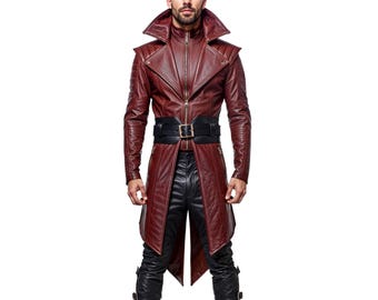 Red Leather Warlock Coat | Gothic Vampire Costume, Mage Trench