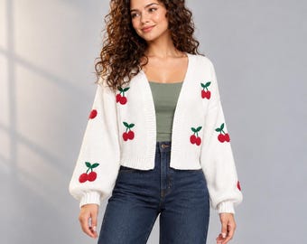 Cárdigan de mujer color cereza, suéter de punto bordado con frente abierto, mangas abullonadas cortas, corte holgado, blanco y negro.