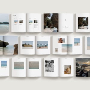 Minimalist travel photo book template in Canva featuring an Okinawa beach layout, DIY coffee table book design with modern editorial style and clean aesthetic pages, evoke layout studio