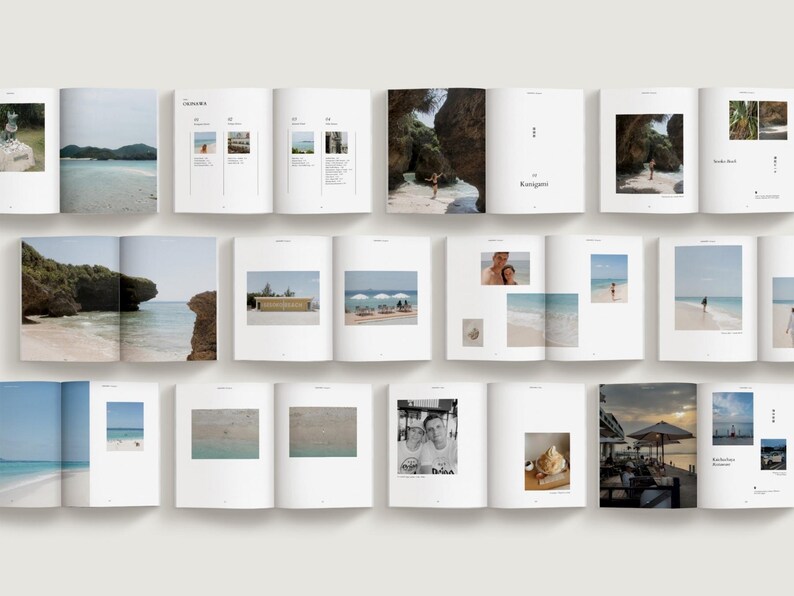 Minimalist travel photo book template in Canva featuring an Okinawa beach layout, DIY coffee table book design with modern editorial style and clean aesthetic pages, evoke layout studio
