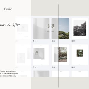 May include: A digital display showcasing a "Before & After" concept, with the word "Evoke" at the top. The display features a grid of images, with text that reads "Upload your photos and start creating your keepsake instantly."