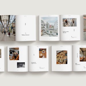Minimalist travel photo book template in Canva featuring an Okinawa beach layout, DIY coffee table book design with modern editorial style and clean aesthetic pages, evoke layout studio