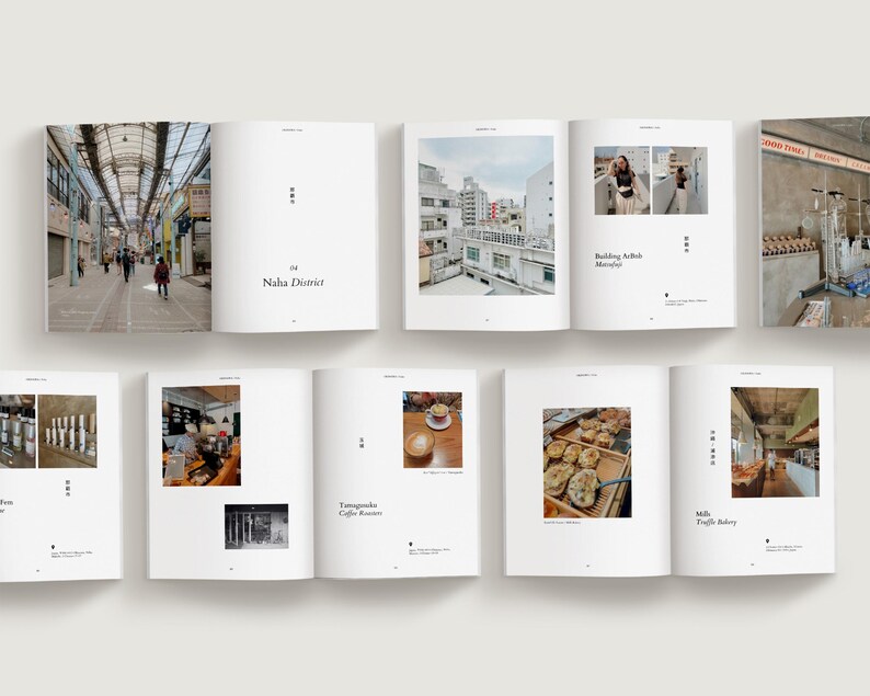 Minimalist travel photo book template in Canva featuring an Okinawa beach layout, DIY coffee table book design with modern editorial style and clean aesthetic pages, evoke layout studio