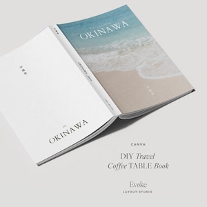 Minimalist travel photo book template in Canva featuring an Okinawa beach layout, DIY coffee table book design with modern editorial style and clean aesthetic pages, evoke layout studio