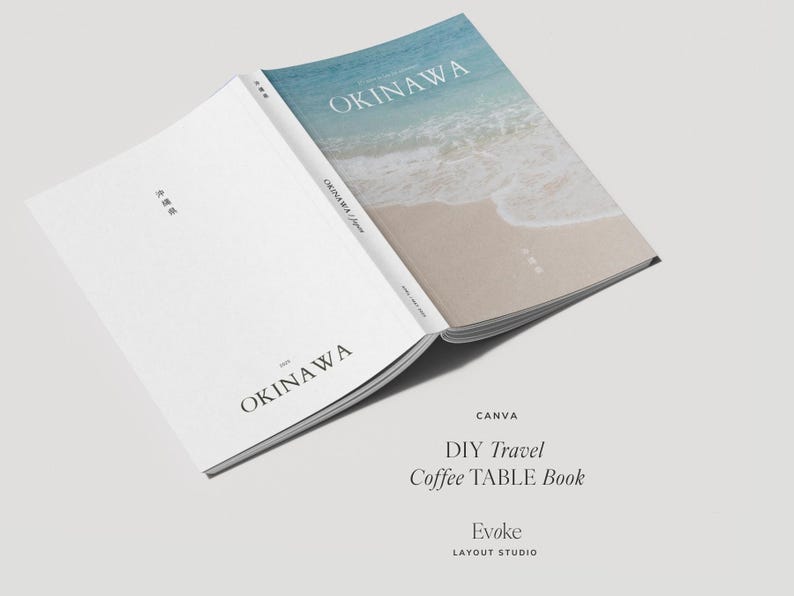 Minimalist travel photo book template in Canva featuring an Okinawa beach layout, DIY coffee table book design with modern editorial style and clean aesthetic pages, evoke layout studio