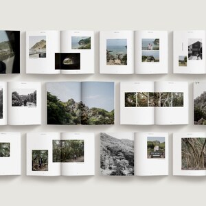 Minimalist travel photo book template in Canva featuring an Okinawa beach layout, DIY coffee table book design with modern editorial style and clean aesthetic pages, evoke layout studio