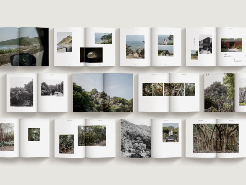 Minimalist travel photo book template in Canva featuring an Okinawa beach layout, DIY coffee table book design with modern editorial style and clean aesthetic pages, evoke layout studio