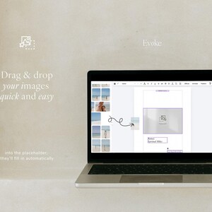 May include: A laptop displaying a document with a placeholder for images. The screen shows the text "Drag & drop your images quick and easy" and "Evoke". The design suggests a user-friendly image editing interface.