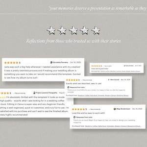 May include: A light gray graphic with the word "Evoke" at the top, followed by customer reviews. The reviews are displayed in white text with a five-star rating. The text "Reflections from those who trusted us with their stories" is also visible.
