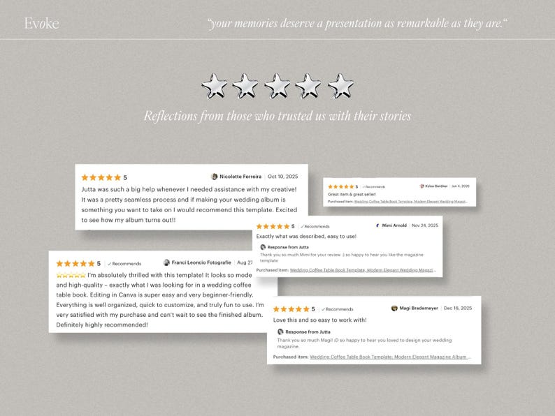 May include: A light gray graphic with the word "Evoke" at the top, followed by customer reviews. The reviews are displayed in white text with a five-star rating. The text "Reflections from those who trusted us with their stories" is also visible.