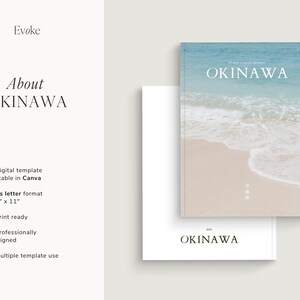 Minimalist travel photo book template in Canva featuring an Okinawa beach layout, DIY coffee table book design with modern editorial style and clean aesthetic pages, evoke layout studio